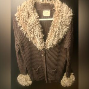 S-M Cozy Brown Vintage Sidney Gould Cardigan Sweater with Faux Fur Trim